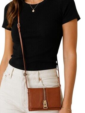 Sergio Feretti Leather Crossbody Bag Tan Brown Gold Zipper Minimalist